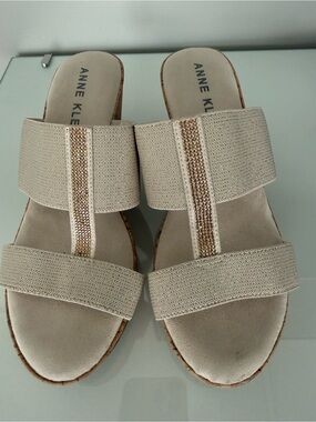 Anne Klein Neutral Beige Slide Sandals with Metallic Accent